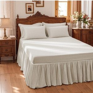 Belgian Linen Cotton Bed Skirt with 14 Inch Drop, Easy Fit Breathable Linen-Cott